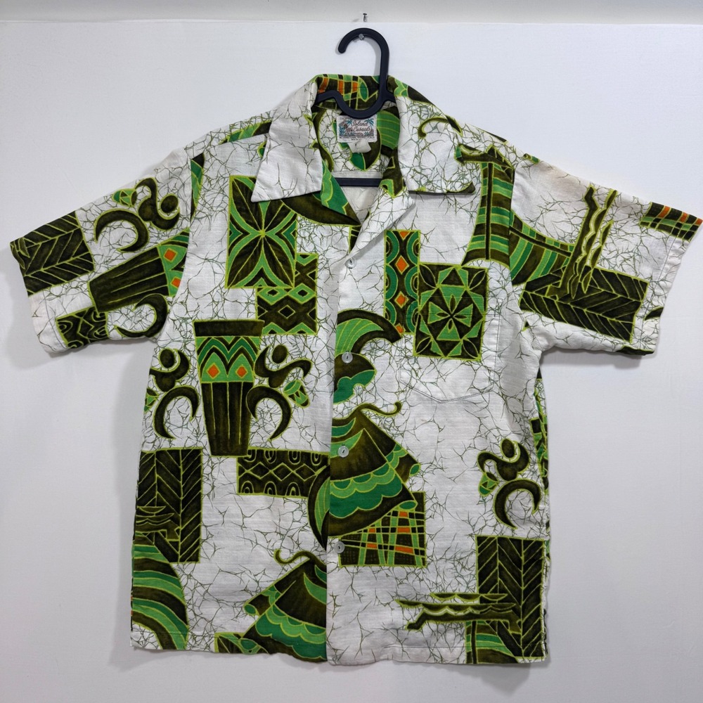 Vintage Men's Aloha Hawaiian Shirt Tiki Geometric Print Green Camp Collar M USA‎